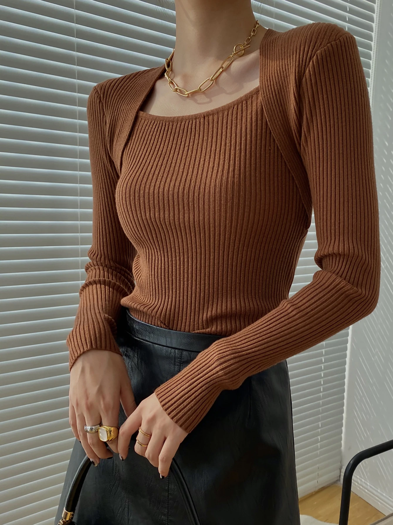 Women's Clothing Square-neck Bottoming Slim Sweater, Casual Long Sleeve Knit Sweater Fit Spring Fall