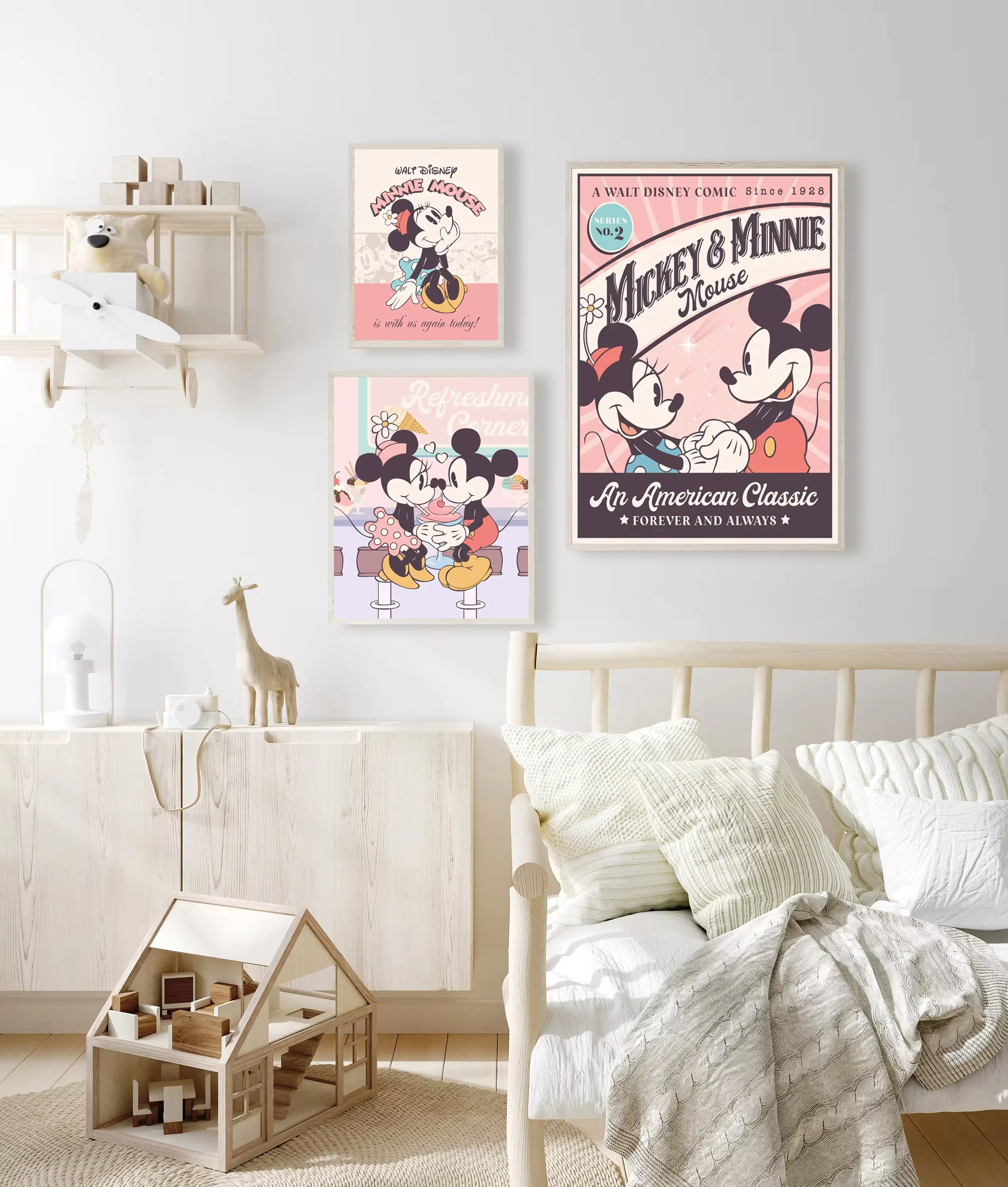 MINISO Disney Vintage Mickey and Minnie Canvas Poster Disney Cartoon Wall Prints Disneyland Party Decor For Nursery Kids Room