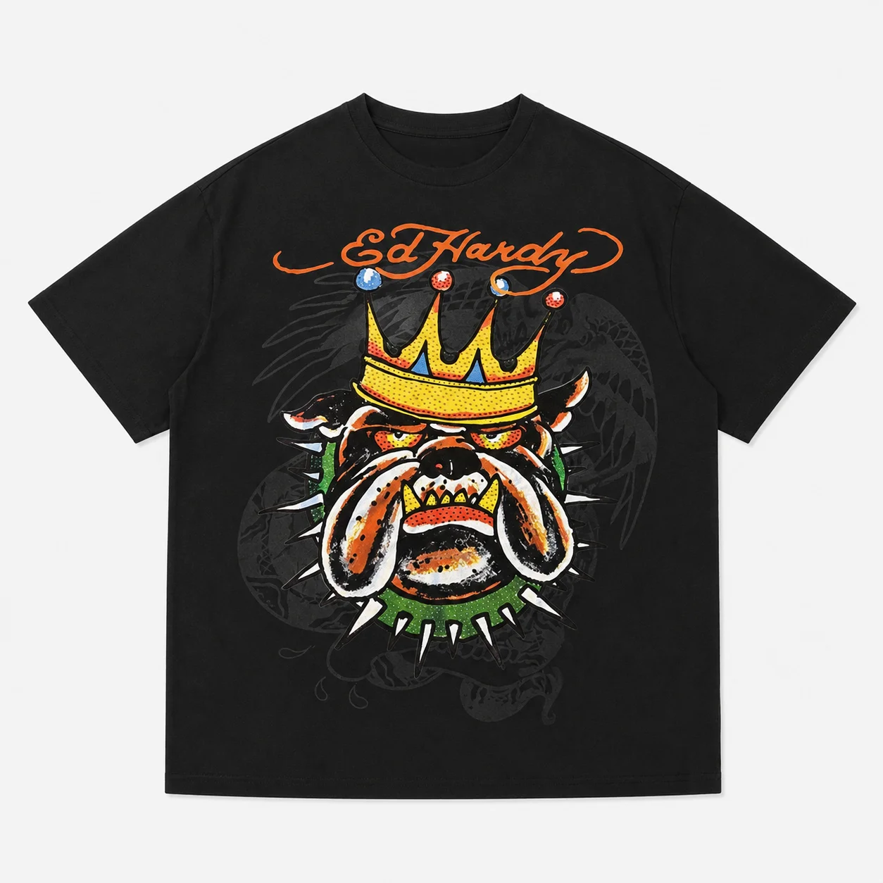 Ed Hardy T-Shirt mit gekrönter Bulldogge, Stachelkragen, Drachensilhouette, Old-School-Tattoo, Retro-Street-Grafik, Unisex, Oversized, Baumwolle – Detail 4