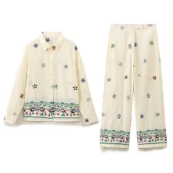 PB&ZA 2024 Summer New Women's Fashion temperament casual versatile flower embroidered shirt straight leg pants set