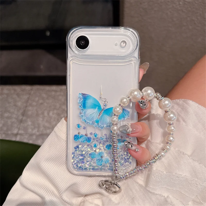 

Dynamic Diamond Liquid Quicksand Blue Butterfly Pearl Chain Cases For Samsung Galaxy S25 S24 S23 S22 Plus Ultra Zflip 6 5 4 3