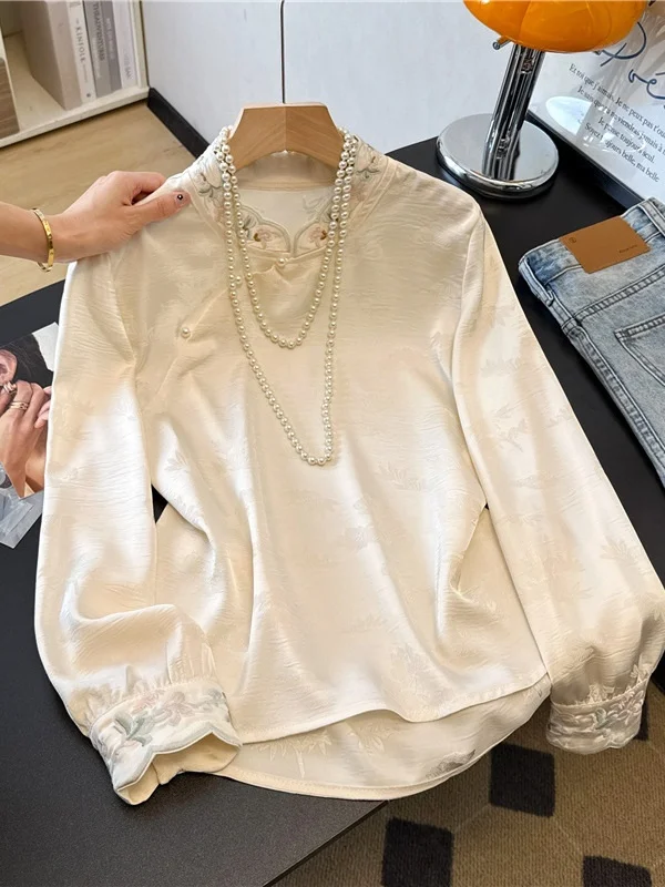 

Новая китайская женская блузка с тяжелой вышивкой, длинными рукавами, воротником-стойкой, асимметричным кроем, в стиле Тан, с изысканным дизайном