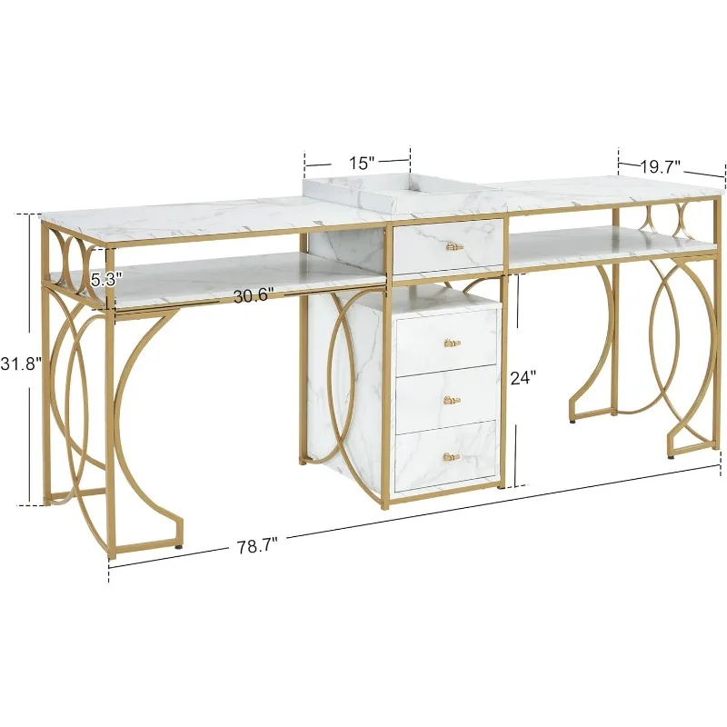 MESA DE MANICURA doble para 2 personas, textura marmoleada de estación de uñas, escritorio de uñas largo con cajones de almacenamiento, mesa de uñas Doble
