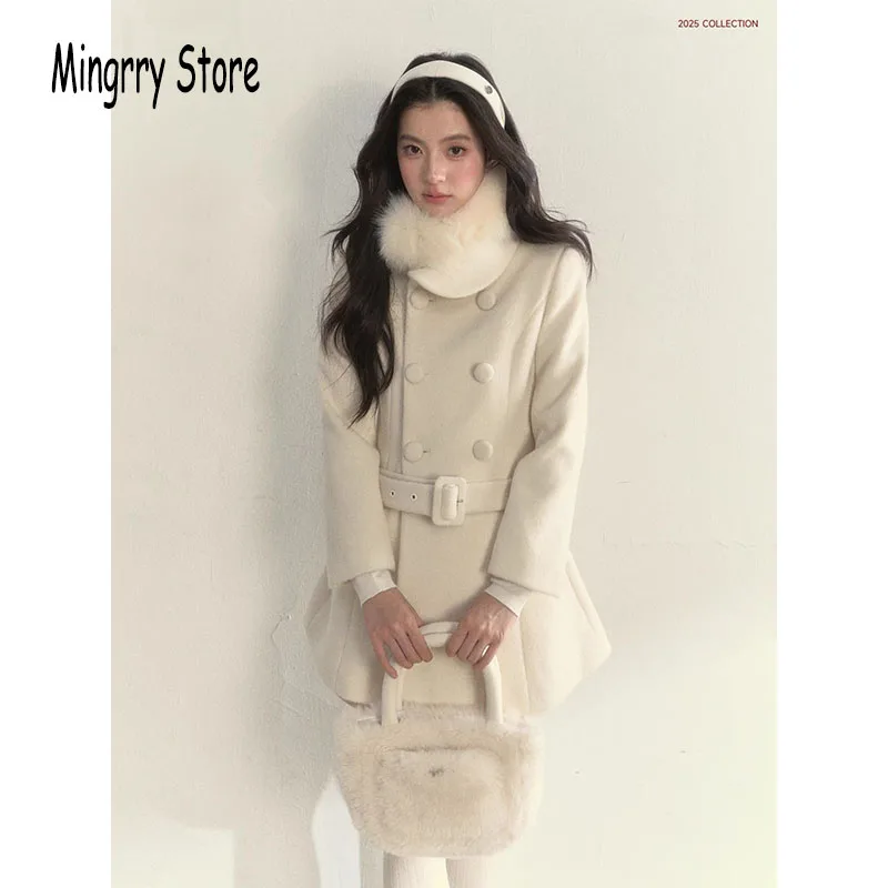 

French Sweet College Style Wool Coat Women Double Breasted Slim Mid Length Coat 2025 Winter Cashmere Warm Jacket Outerwear Coat