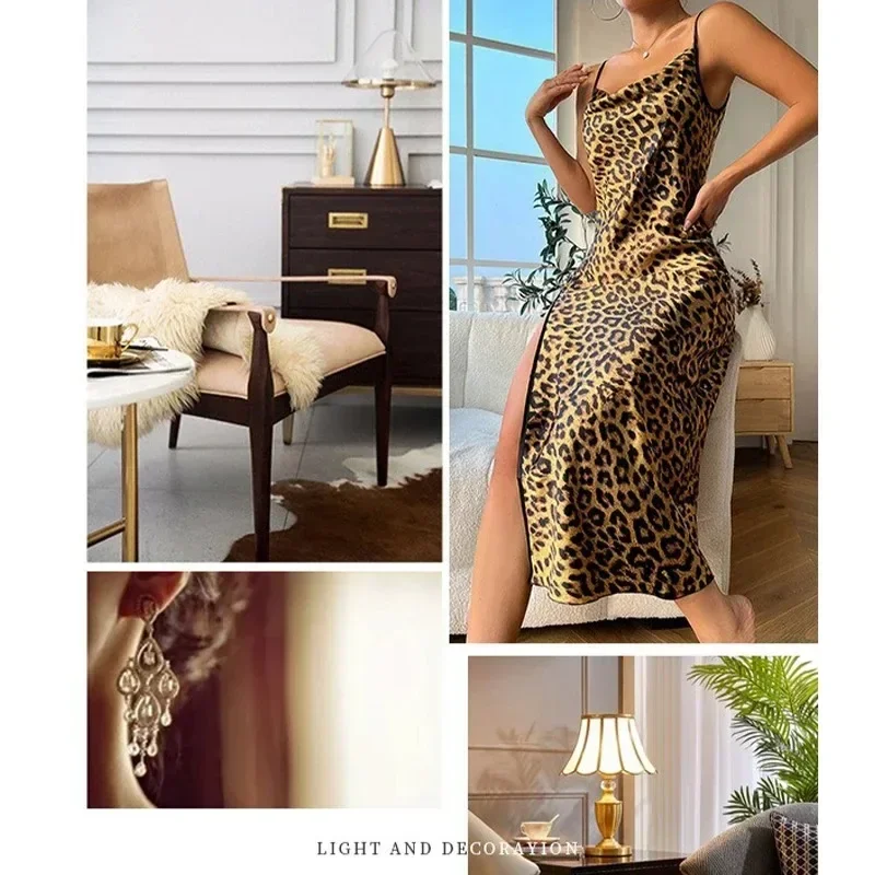 ชุดนอนชุดสายเดี่ยวเปลือยหลังคอวีเซ็กซี่สำหรับผู้หญิงชุดนอนผ้าไอซ์ซิลค์ลายเสือดาว/Sablon Bunga