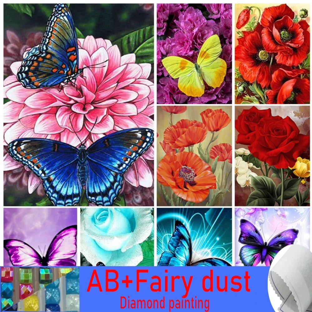 

Butterfly Rose 5D 120 Colors AB Fairy Dust Diamond Painting Kits Full Square Round Mosaic Flower Embroidery DIY Home Decor Gifts