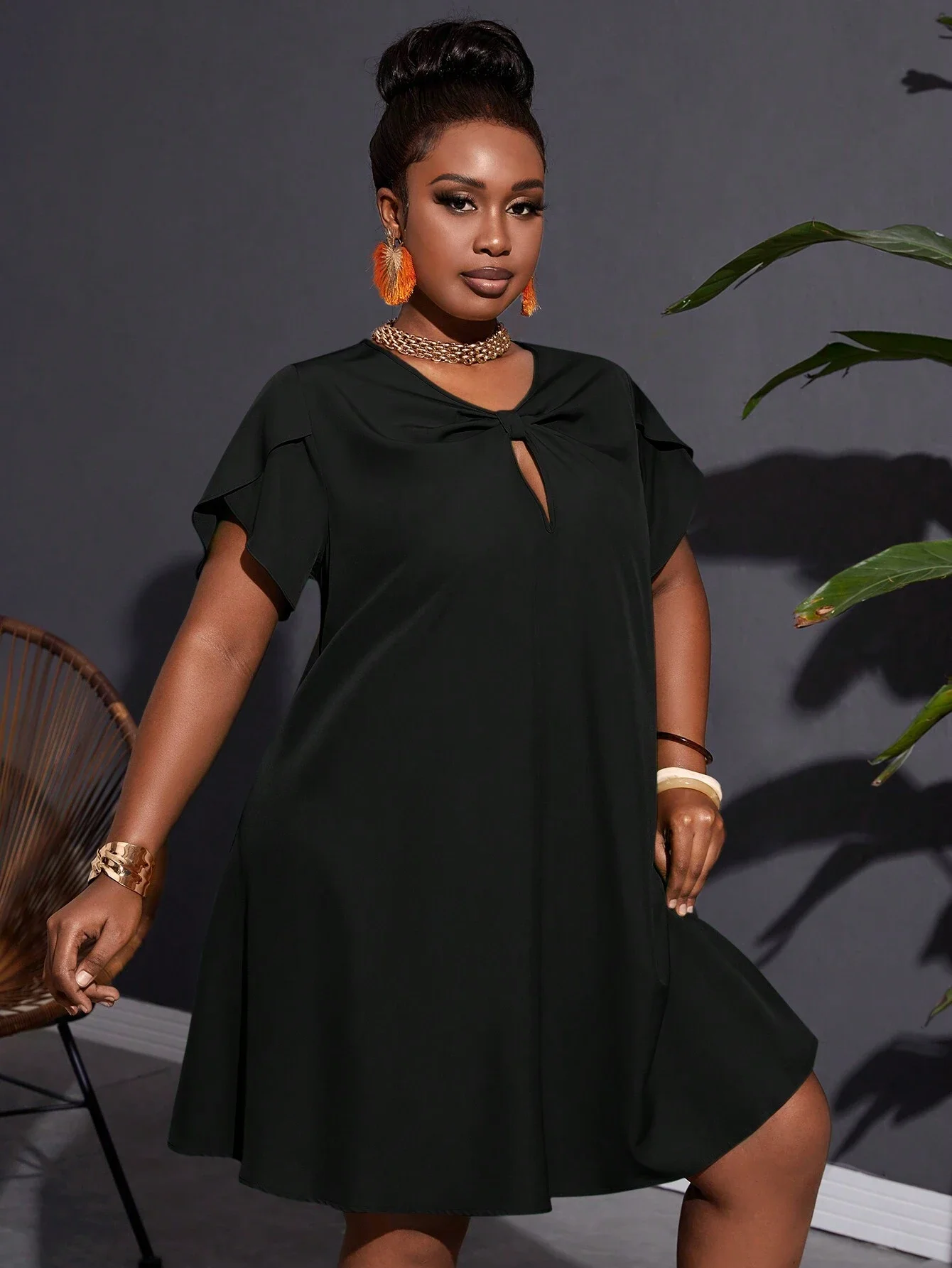 

Plus Size Loose Fit Black A-Line Dress With Twisted Knot For Women Casual Vacation