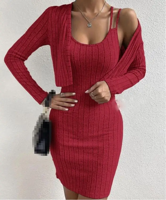 Autumn New Women\'s Fashion Set Comfortable Pit Stripe Fabric Sexy Stripe Sling Short Tight Skirt With Long Sleeve Small Coat