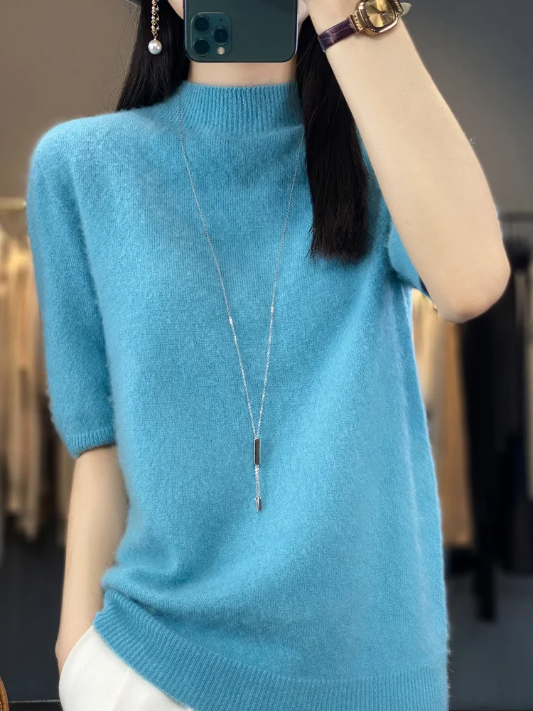 Spring Summer Autumn Mock Neck Women Sweater 100% Merino Wool Pullover Basic Short Sleeve Cashmere Knitwear Female Clothes Tops