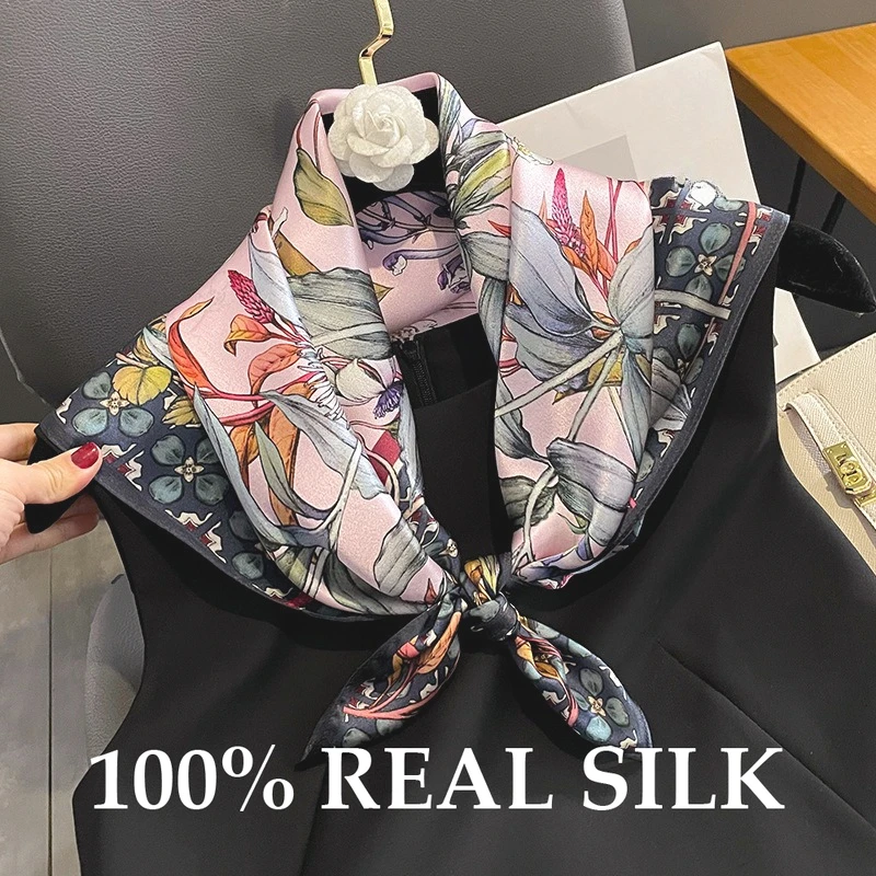 

100% Real Silk Scarf Women Sunscreen Hair Foulard Luxury High Quality Bandana 65cm Square Headband Hijab Poncho Scarves Pashmina