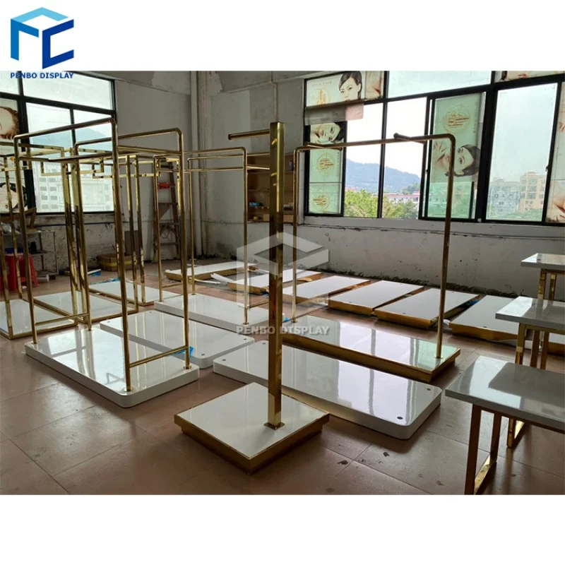 Custom Stainless Steel Clothing Racks para mulheres, prateleira de metal de vestuário, loja Dress Display Stands Boutique Gold Clothing Racks