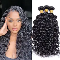 Human Hair Bundles Natural Black Water Wave Brazilian Human Hair Weave Bundles Virgin Hair 10-30 Inches with Closure
