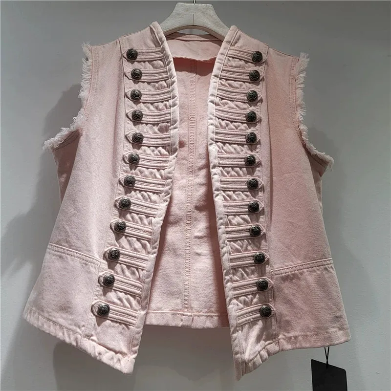 6 Color Short Denim Vest Women Cardigan Autumn New Multi-Row Button Design V-Neck Frayed Burrs Sleeveless jeans Waistcoat Female