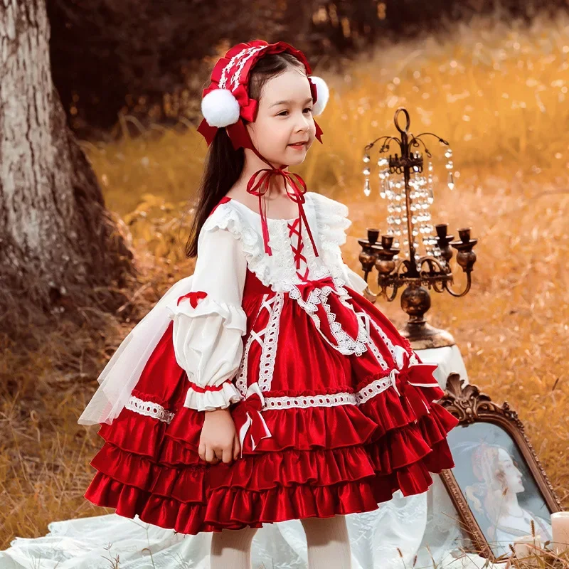Girls' Dress Autumn and Winter New Red Fleece Festive Princess Velvet Skirt