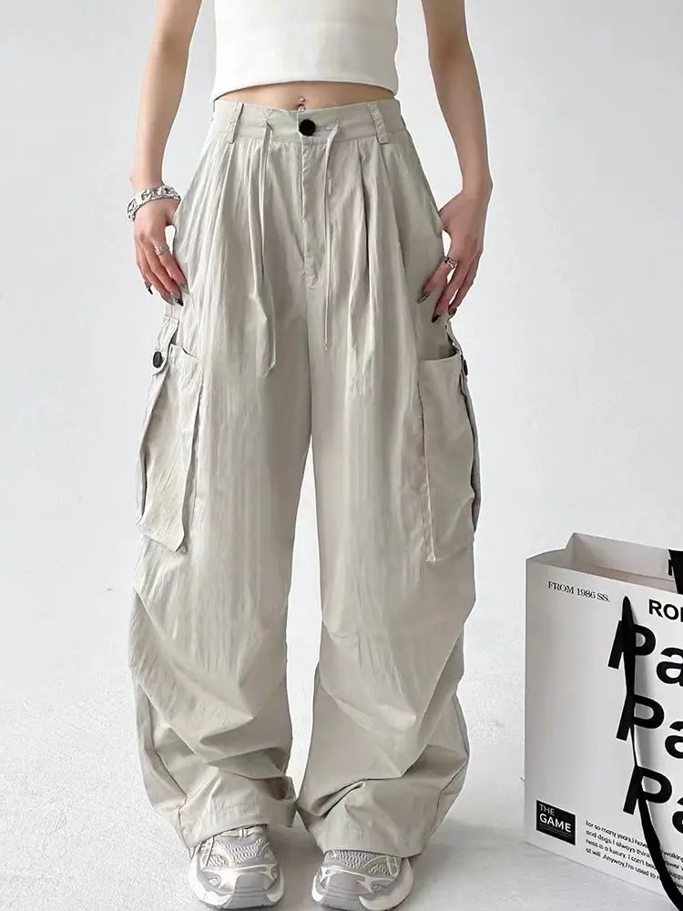 HOUZHOU Vintage Cargo Parachute Pants Women Y2k Oversized Streetwear Spodnie z szerokimi nogawkami Baggy Korean Harajuku Fashion Joggers