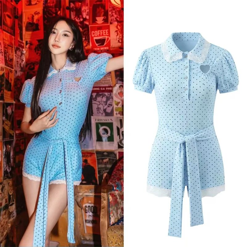 

Women's Jumpsuit 2026 Spring New Blue Polka Dot Short-Sleeve Puff Sleeve with Heart Cutout Decoration Romper Sexy Fashionable