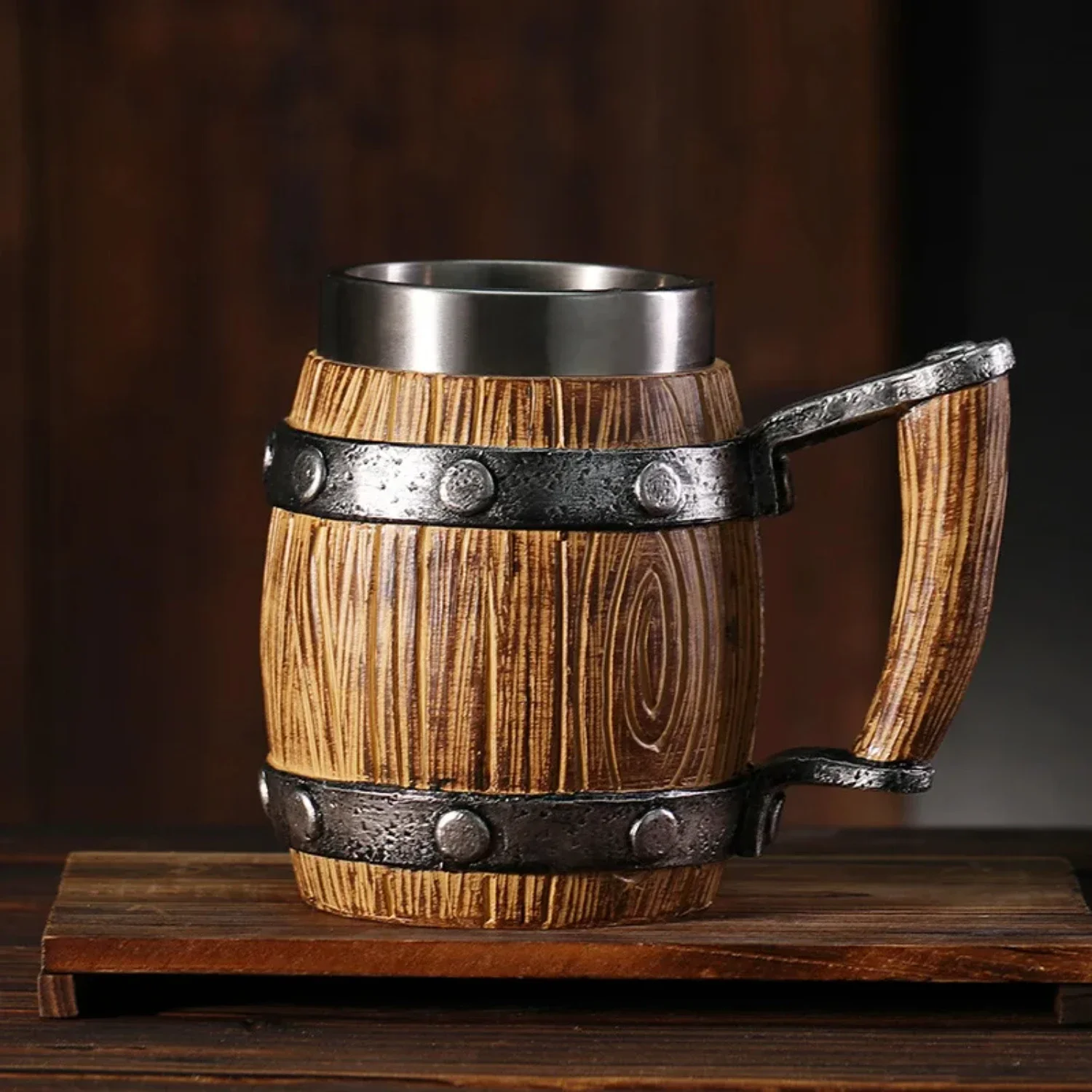 Unique Large Capacity Eco-Friendly Stainless Steel Wooden Barrel Beer Mug Goblet Coffee Cup - Ideal for Camping, Outdoor Activit