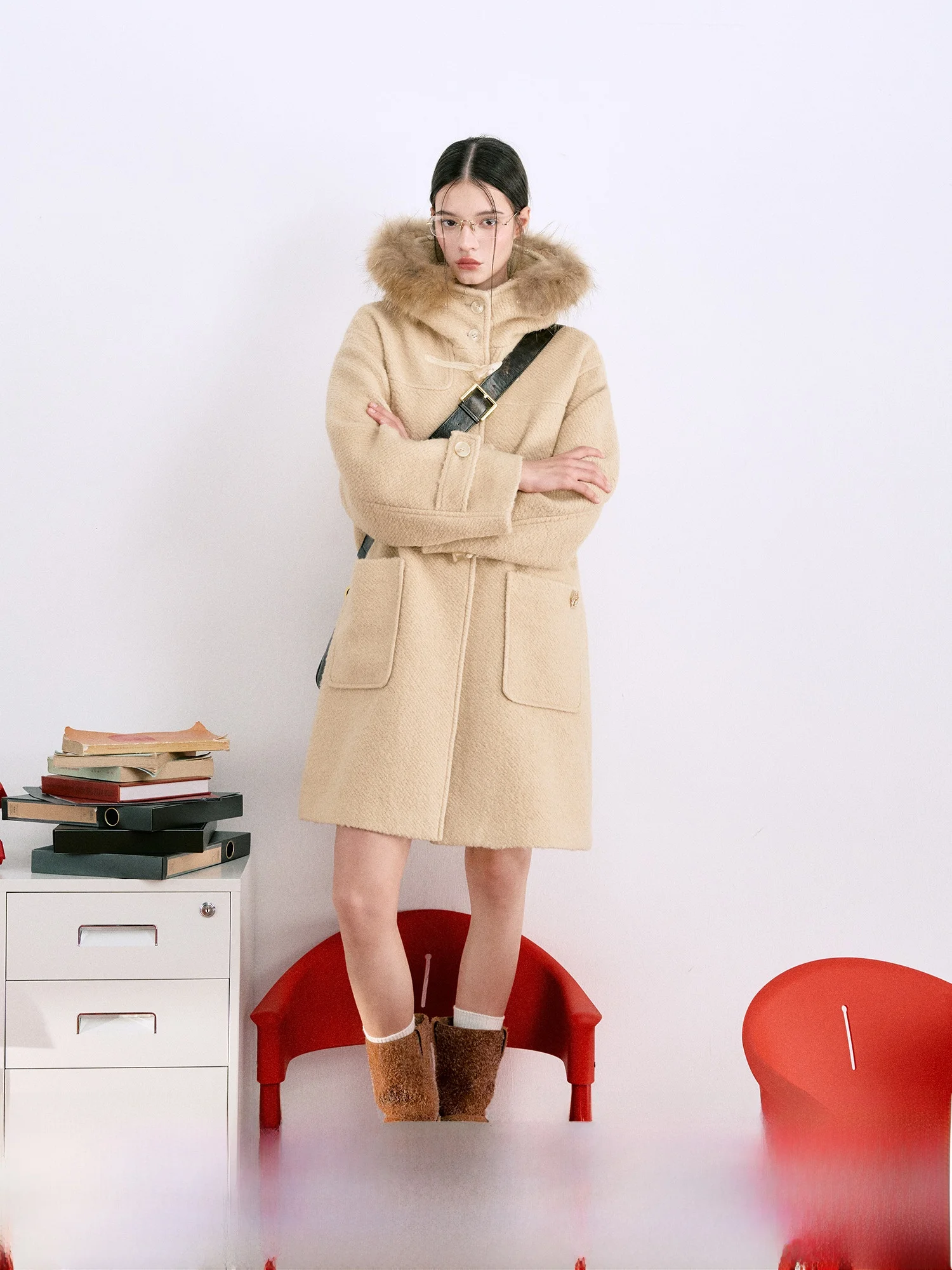 

LaluneDuCiel Woolen Coat with Button Retro Hooded Tweed Women's Autumn Winter Loose Mid-Length Jaet Korean Sle Commute