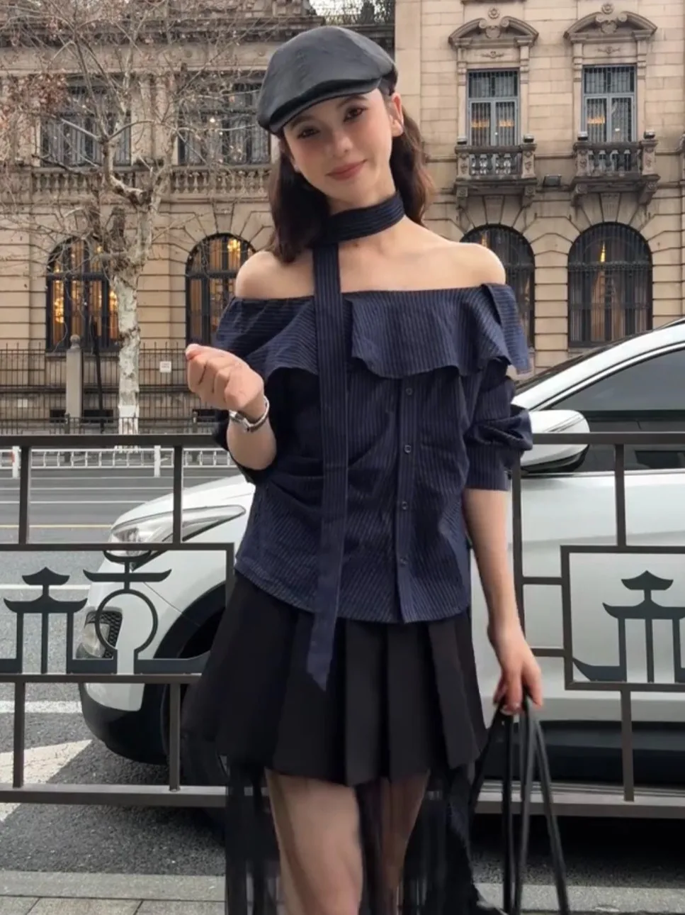 

Весна 2026: Женская синяя полосатая блузка с кружевными рукавами, открытыми плечами, в французском стиле, свободного кроя, из хлопка, повседневная