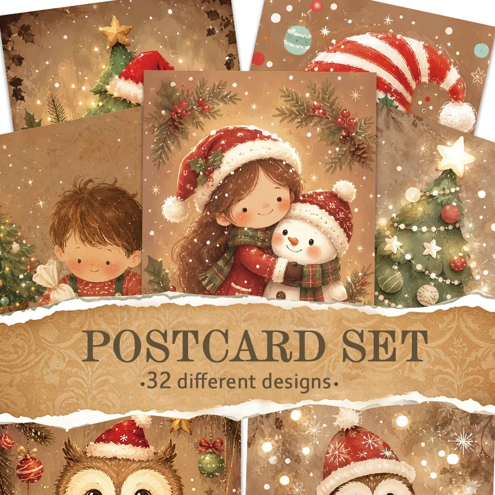 32pcs, Warm Brown Christmas Postcards, Wall stickers, Mailing Cards, Greeting Cards, DIY Postcards, Back-to-School Season.