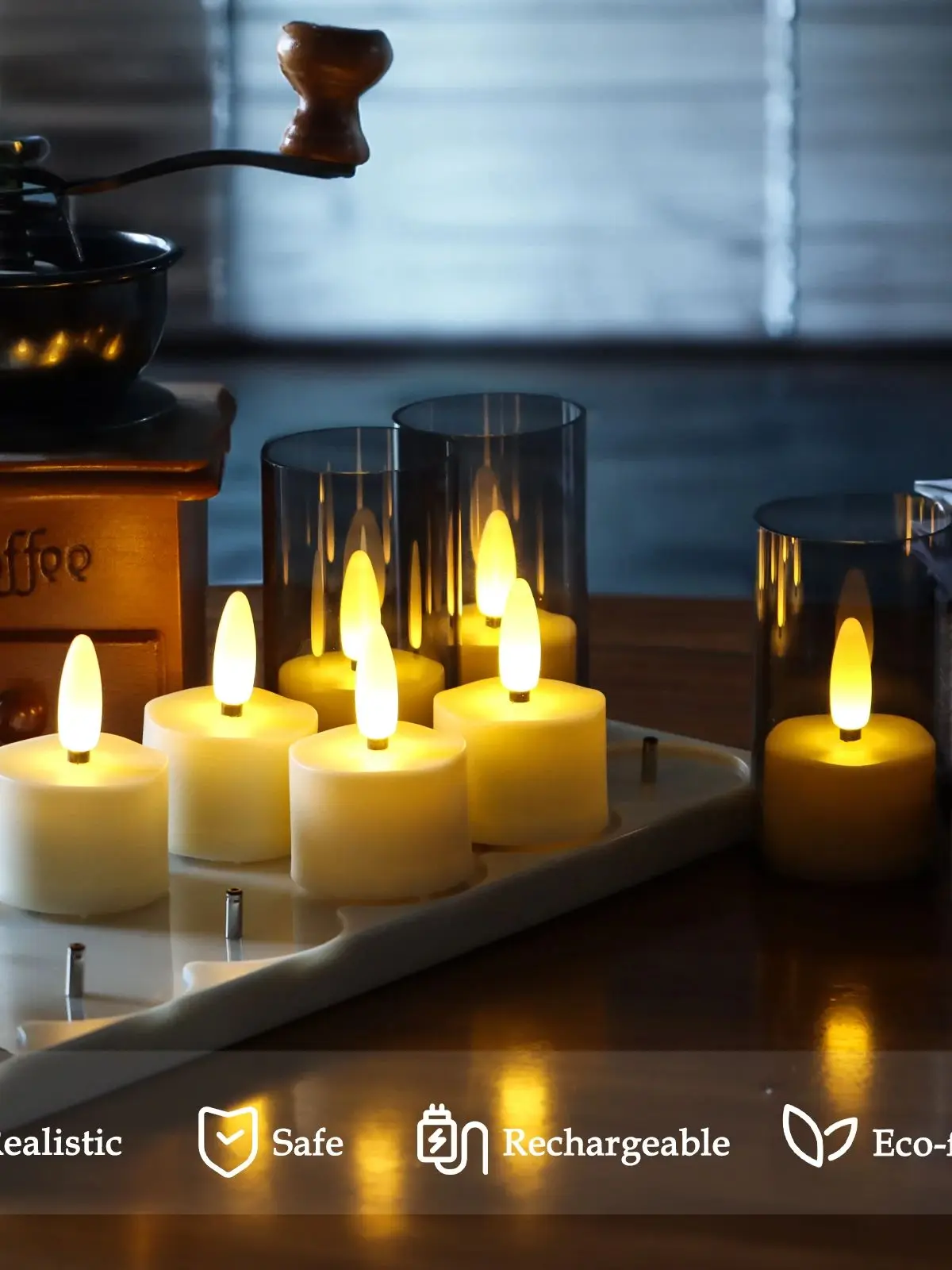 FPOO وامض عديمة اللهب مصباح شمعة قابلة للشحن LED ضوء شمعة الموقت أضواء الشاي مع أكواب سوداء لشمعة الديكور المنزل