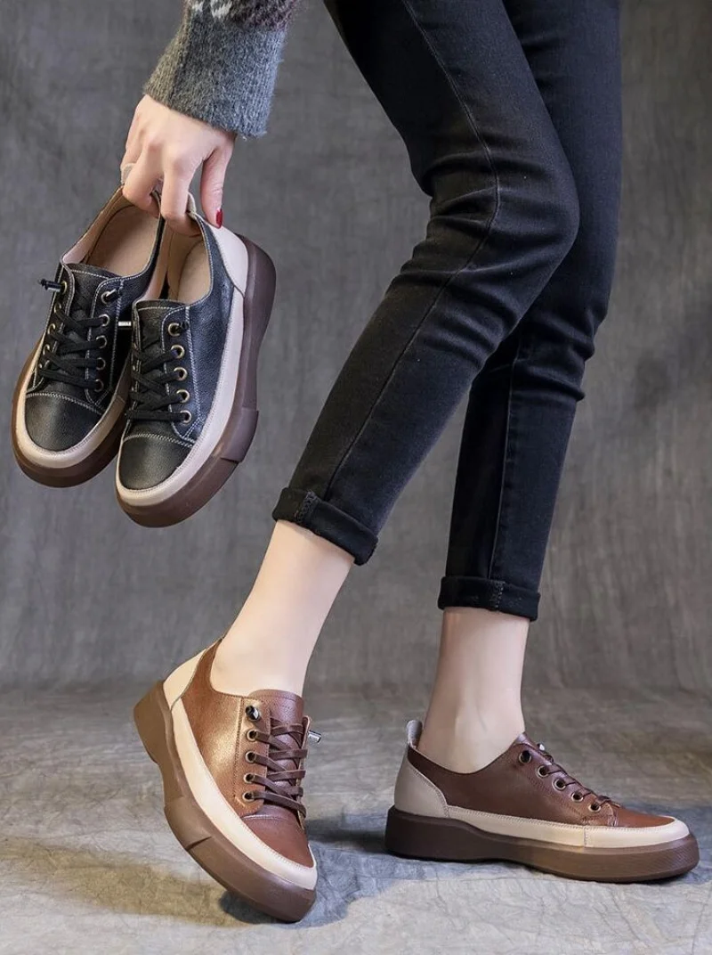 

Модные женские туфли на плоской подошве, весенне-осенняя повседневная обувь разных цветов из натуральной коровьей кожи на шнуровке, большие размеры 35-43