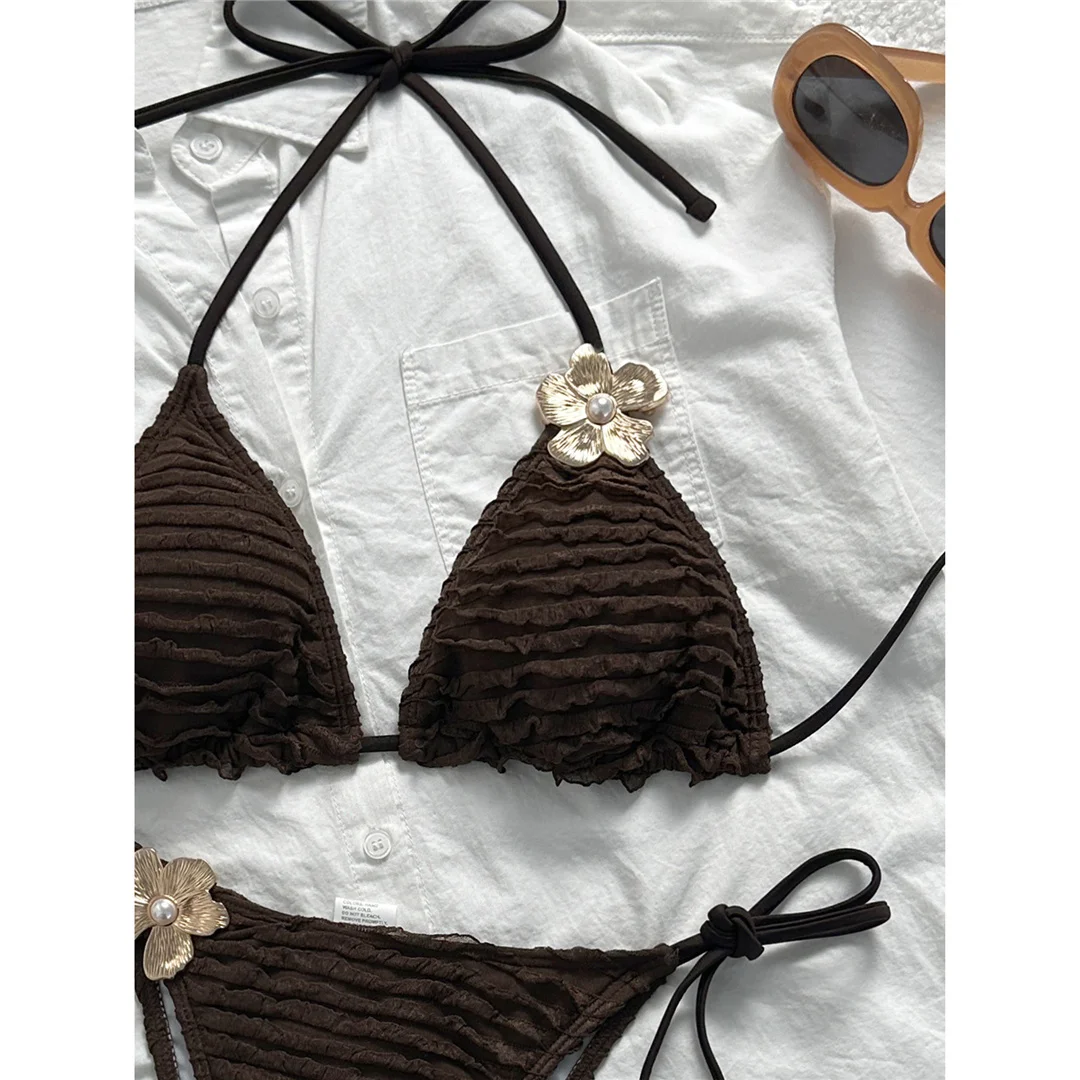 Zweiteiliges Bikini-Set mit Metallblumen-Design, Neckholder-Bikini, Damen-Badeanzug, Damen-Bademode, geraffter, gepolsterter Badeanzug, Badebekleidung, Modell V7478. – Detail 34