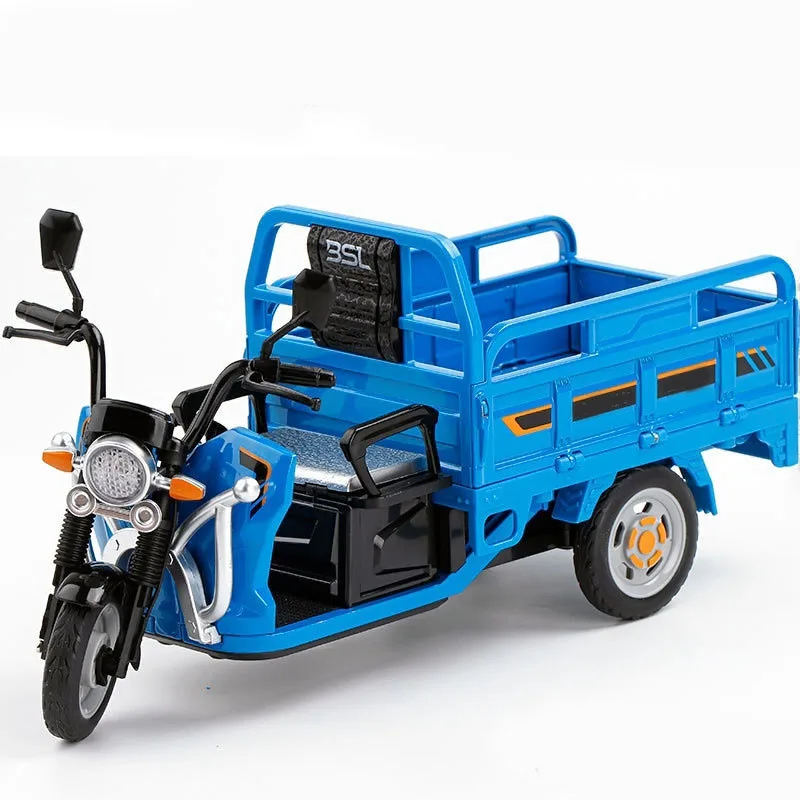 Tricycle électrique de simulation 1:12, modèle de voiture en alliage, jouet avec son et lumière, traction arrière, un cadeau parfait pour les vacances de pâques