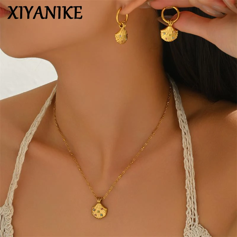 

XIYANIKE Ocean Shell Colored Zircon Charms Necklace Earrings Set For Women Lady Summer Fashion New Jewelry Beach Vacation