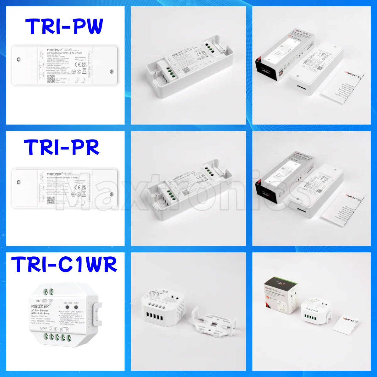 

MiBoxer AC Triac Dimmer 500W TRI-C1WR/TRI-PW (WiFi+2.4G+Push) TRI-PR (2.4GHz) AC100-240V 30m Brightness Adjustable Home Alexa