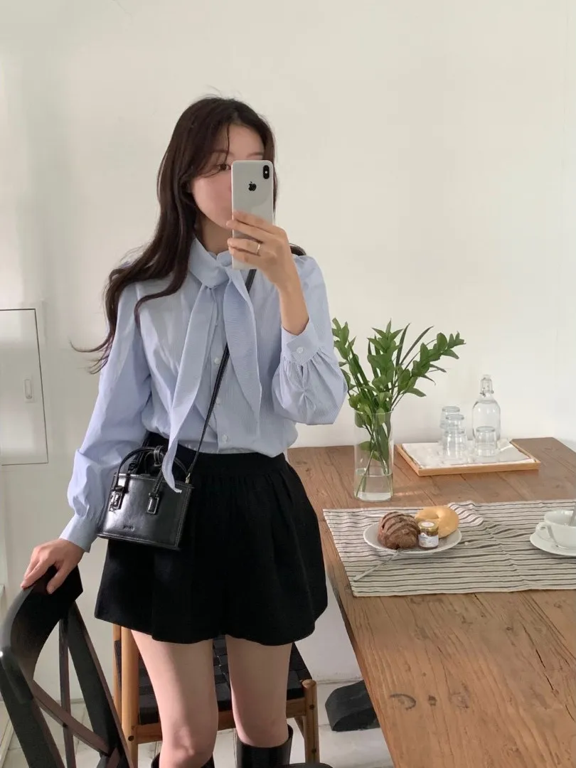 

Ele Sweet Striped Loose Casual Long Sve Женский топ с завязками на талии для похудения Sle Faion Весенняя коллекция