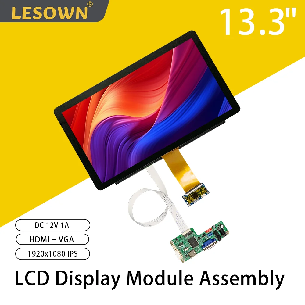 LESOWN 2K Touch LCD Screen Module 1920x1080 IPS 13.3 inch HDMI VGA 1000:1 Display with Driver Board for Win 10 11 Raspberry Pi