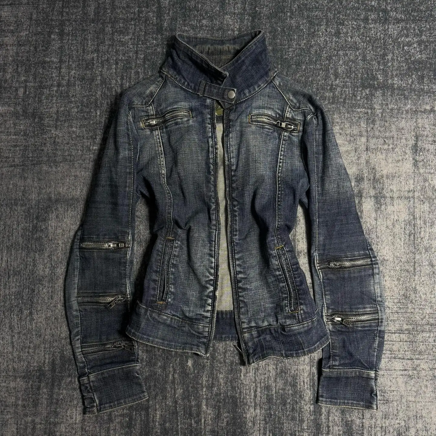 Y2K TrendyRetro Blue Slim DenimJacket Harajuku FashionShort Multi-CollarZippeJacket GothicPunk Sexy Shoulder Pad Jacket