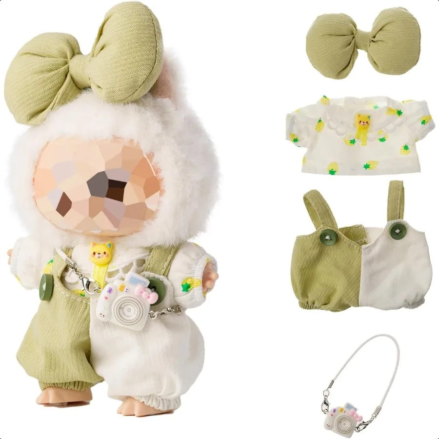 

Аккор для одежды для кукол Kawaii, совместимый с куклами Labubu 17 см, очаровательный шикарный наряд, 4 комплекта с белым топом с ананасом + зеленый O