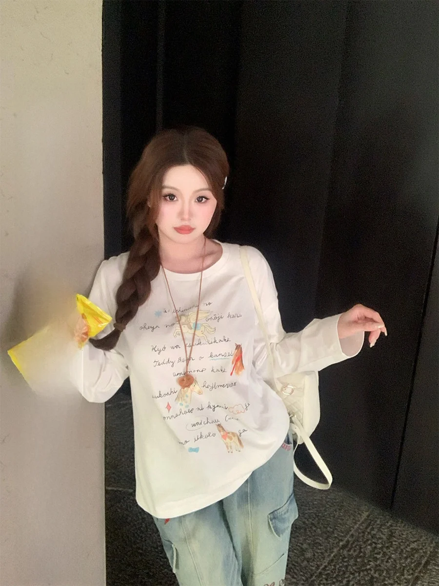 

Hand-Painted Holiday Aosphere Large Size Loose Long Sve Cotton Feeling T-irt Slimming Effect Anni Bu Ladies Top