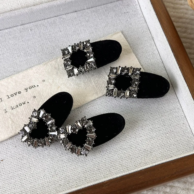 Heart Rhinestone Black Velvet Hair Clip Princess Shiny Small Clip Geometric Gray Rhinestone Flocked Duckbill Side Clip for Women
