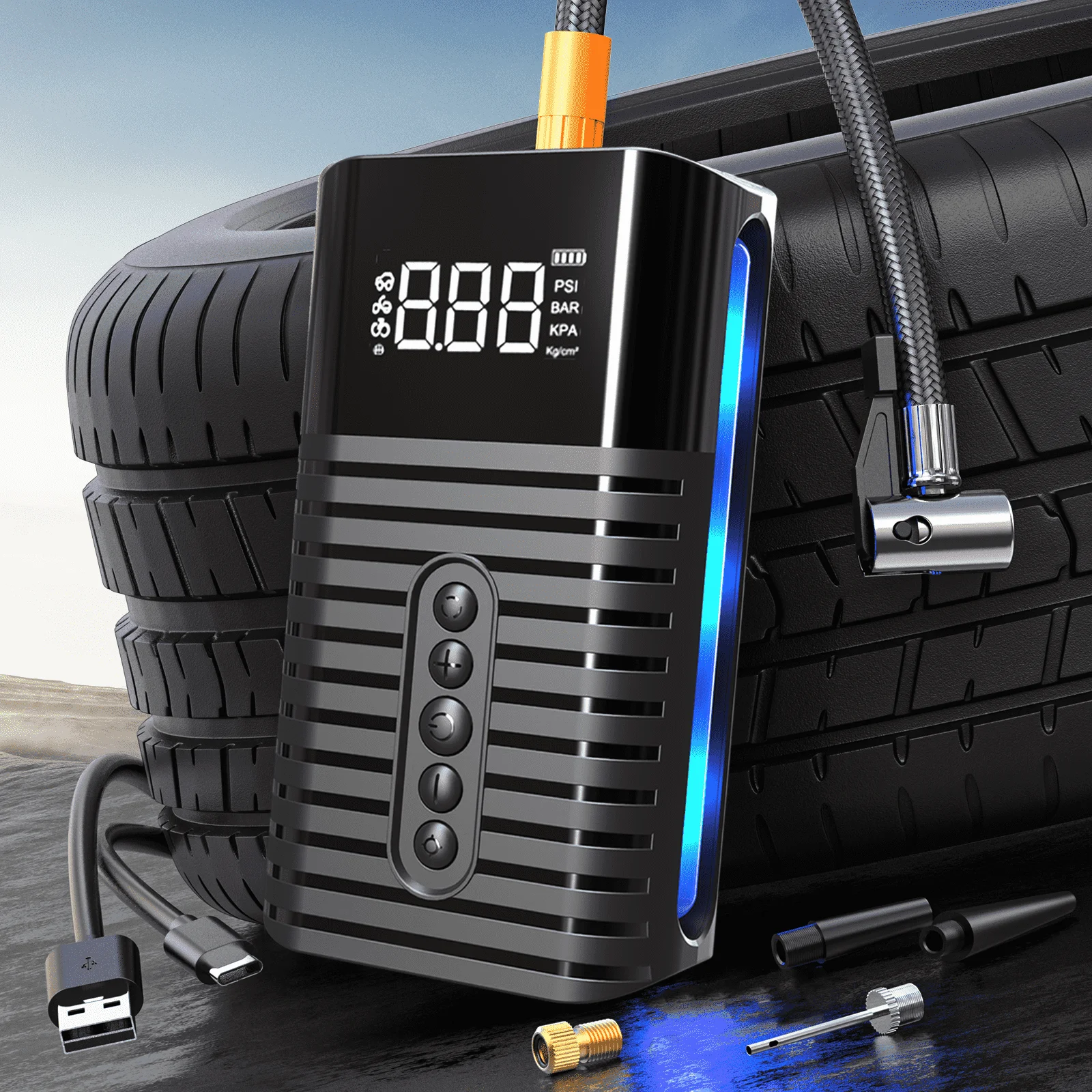 

Portable Bicycle Pump Dual Mode-Wireless Wired Digital Tire Inflation Flashing LED Lights Plastic Hand Pump Presta Valve
