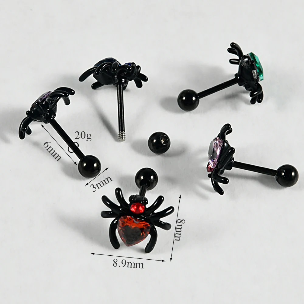 1Pc Surgical Steel Black Spider Zircon Ear Helix Tragus Cartilage Labret Lobe Earrings Rook Conch Stud Piercing Jewelry16gX8mm
