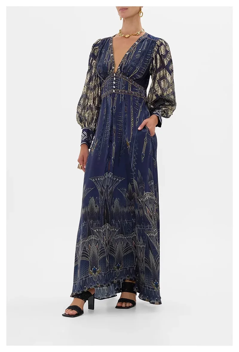 Vestido maxi de seda feminino com estampa azul escuro, cristal frisado, decote em v, manga comprida, cintura alta, vintage, robe feminino