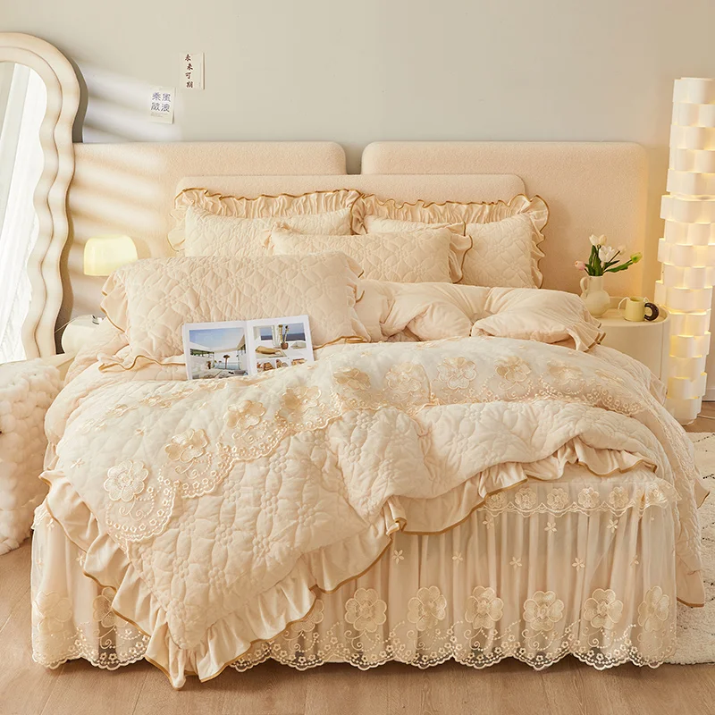 Cotton Quilted Duvet Cover Set Solid Pattern European American Style 4-Piece 400TC All-Season Flat Bed Sheet Sanding Bedding