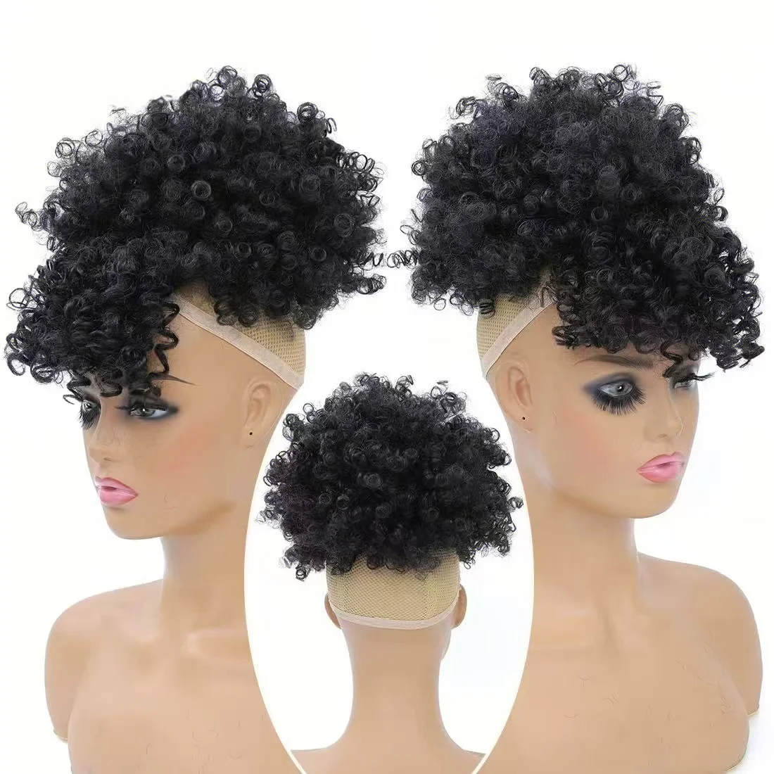 Ekstensi Rambut Afro Puff Drawstring Ponytail dengan Poni, Rambut Pendek Keriting untuk Wanita Kulit Hitam, Jepit Rambut Keriting, Poni untuk Gaya Rambut Updo