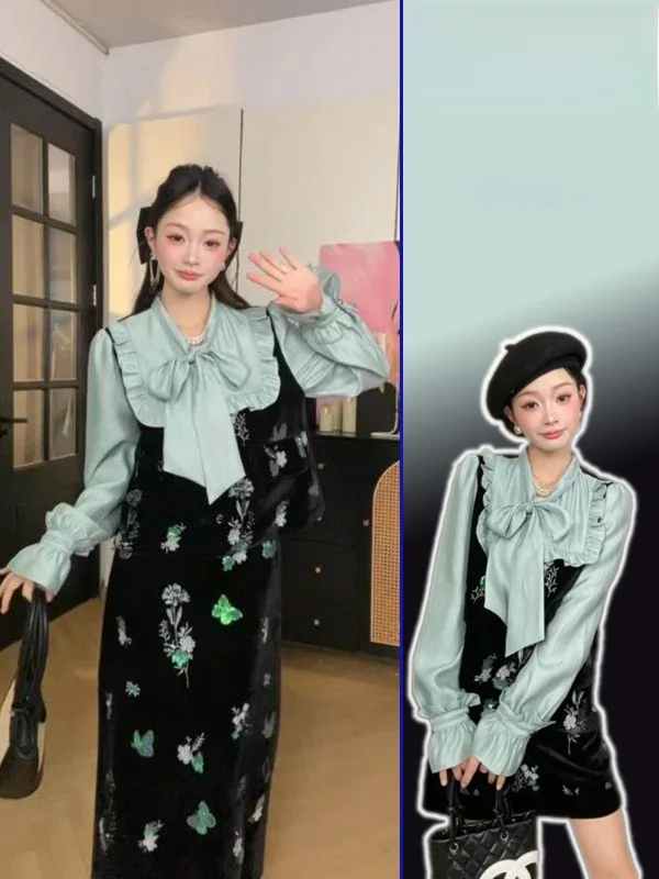 

Ele Oversized Women's Velvet irt Sequin Embroidery Spring Faion Set with f Skirt Two-Piece Ensemble Knot