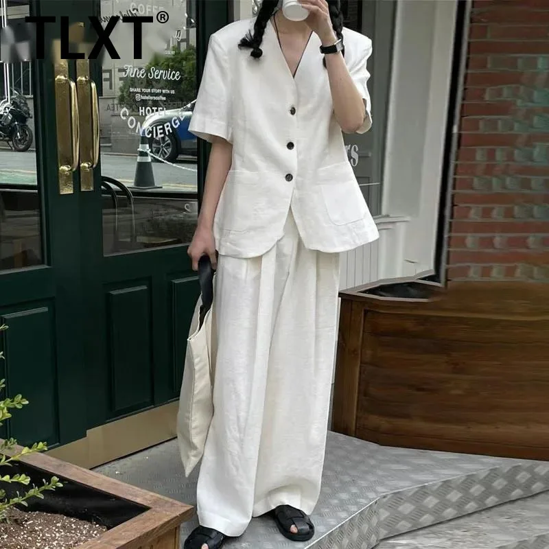

TLXT женский льняной комплект из 2 предметов, пиджаки с v-образным вырезом и короткими рукавами + прямые широкие брюки с высокой талией, солнцезащитные костюмы, новинка лета 2023 г.