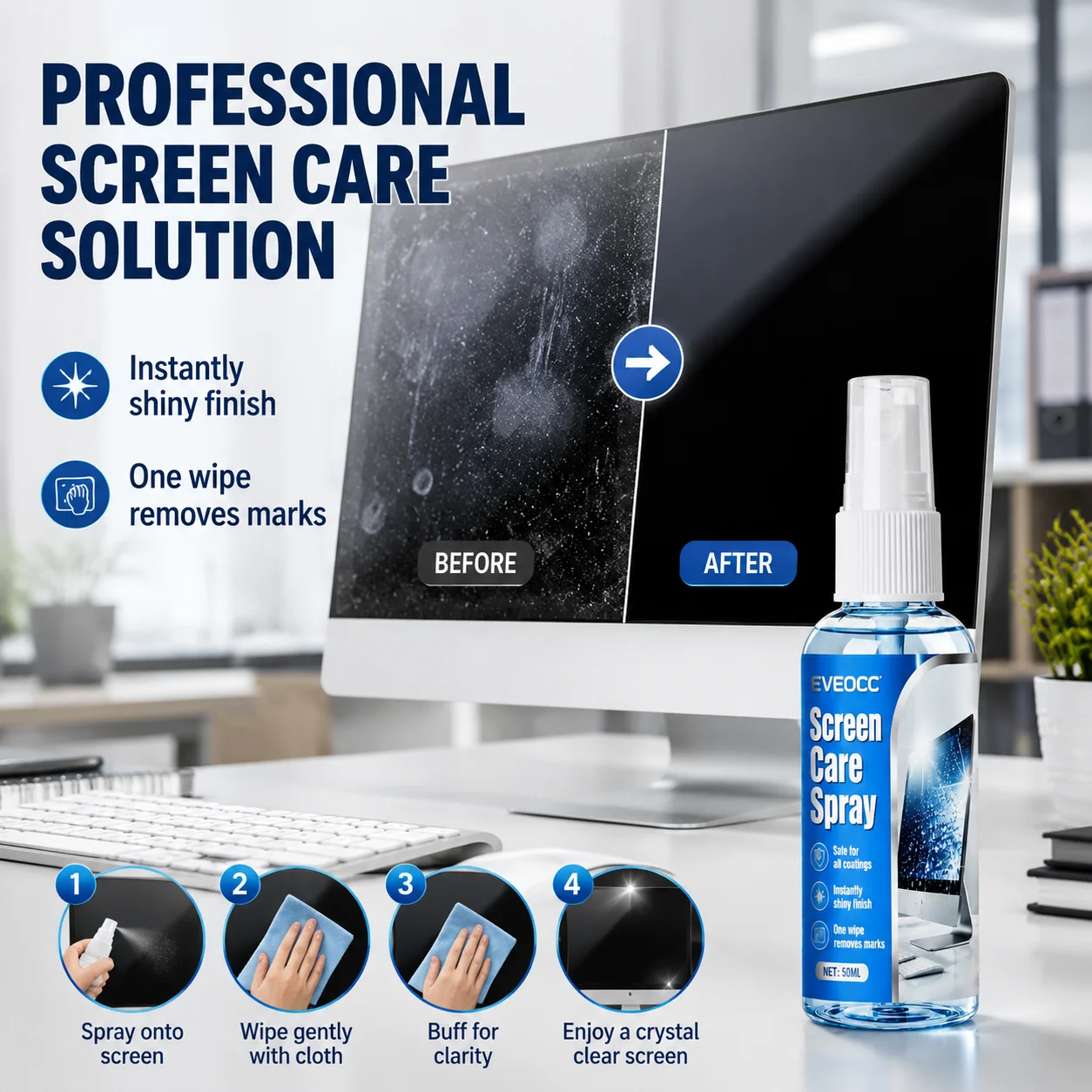 EVEOCC Screen Care Spray 50ml, Safe for All Coatings Screen Cleaner Removes Fingerprints Marks for Phone Laptop Monitor