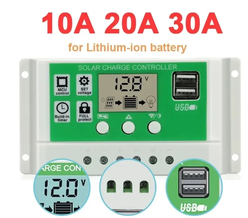 10A 20A 30A PWM Solar Charge Controller 12V 24V Automatic Solar Cells Charging Board Controller USB 5V LCD Display PV Regulator