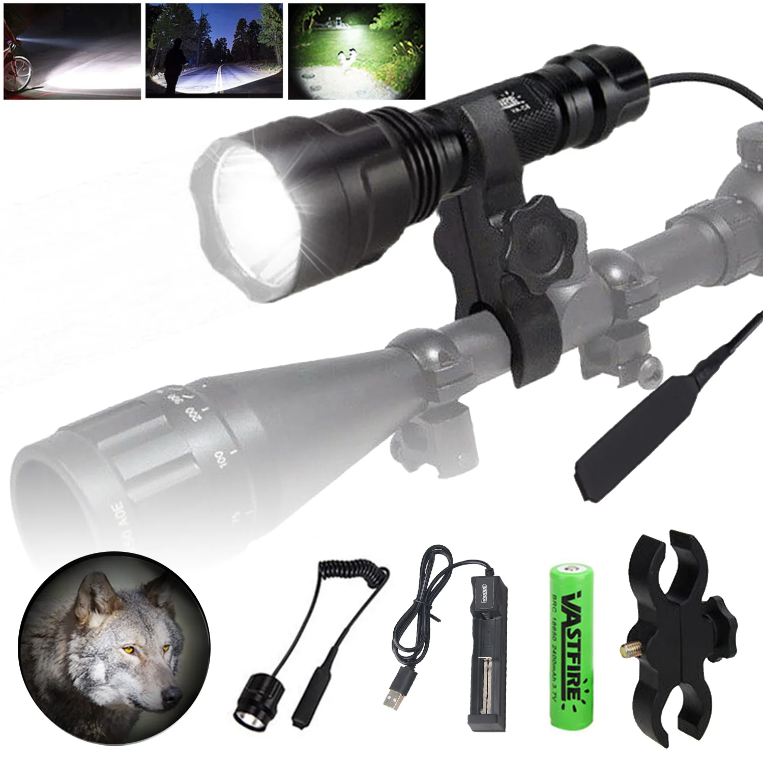 Tactical 5000LMs C8 Led Night Hunting Flashlight White/Green/Red Predator Torch+2*Rifle Scope Mount+Switch+18650+USB Charger+Box