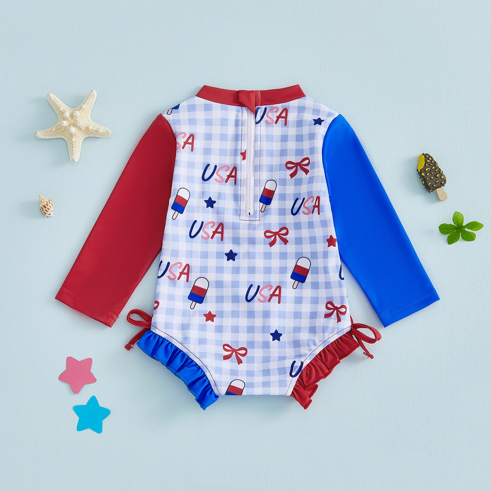 Kids Girl 4th of July Swimsuits Letter Plaid Print Long Sleeves Rash Guard Swimwear for Toddler Bathing Suits