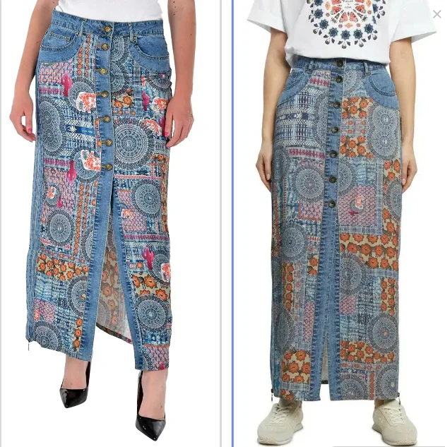 

Original export order - New Spanish style summer printed patchwork buttoned mid-length skirt