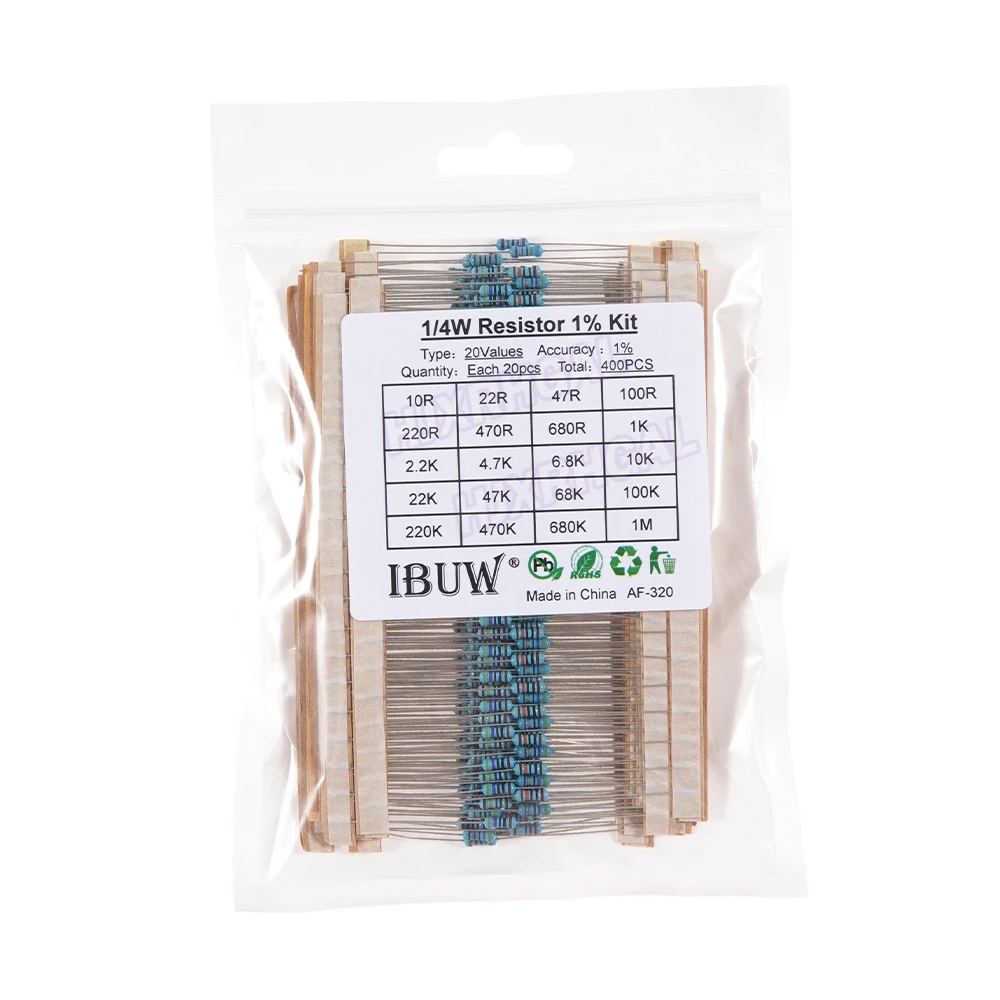 400pcs/lot 1/4W Metal Film Resistor Assortment Kit 10ohm - 1M ohm 1% Resistance set 1K/10K/4.7K/470/680 ohm electronic resistors