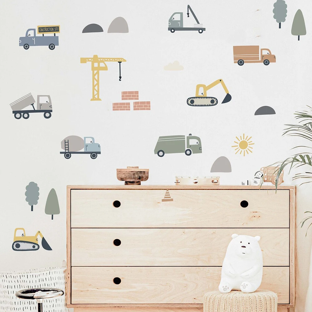 Pastel Vehicle Construction Car Wall Sticker  Transportation Village Tractor Bus Car Wall Decal Bedroom Nursery Kids Playroom